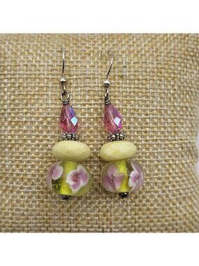 Whimsical Art Glass Dangle Earrings Sterling Silver Fairy Spring whimsical